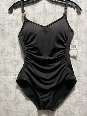 Michael Kors Black Ruched One-Piece Swimsuit with Gold Logo Tag